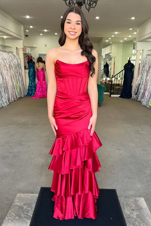 Satin Mermaid Strapless Empire Tiered Party Prom Dress With Train