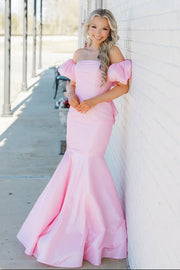 Puff Sleeves Mermaid Satin Empire Party Prom Dress With Train