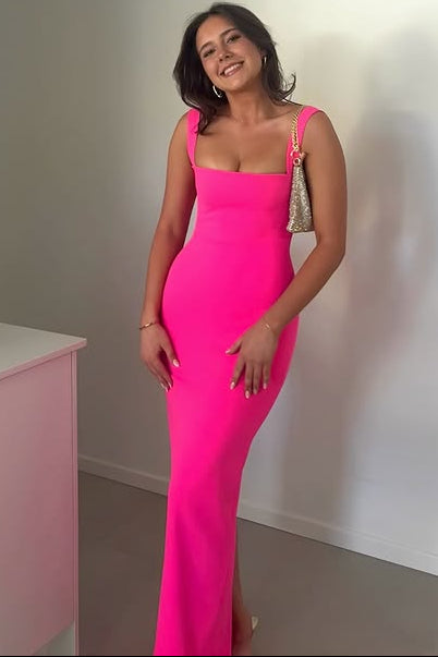 Square Straps Fitted Satin Floor Length Party Prom Dress