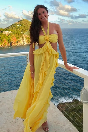 Pretty Halter Illusion Empire Ruffle Chiffon Long Party Prom Dress