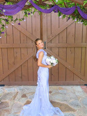 Purple Satin Mermaid V-Neck Open Back Floral Appliques Party Prom Dress