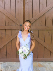 Purple Satin Mermaid V-Neck Open Back Floral Appliques Party Prom Dress