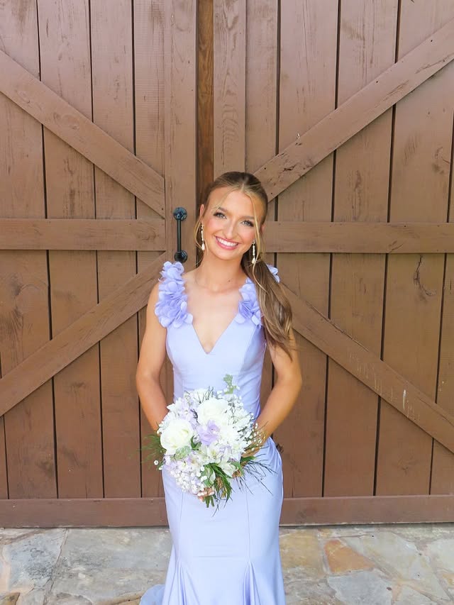 Purple Satin Mermaid V-Neck Open Back Floral Appliques Party Prom Dress