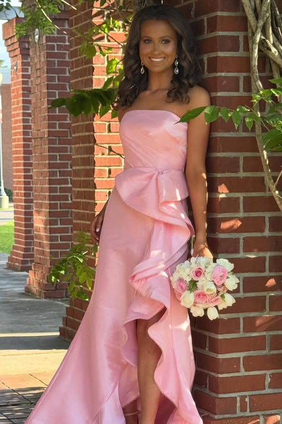 Pretty Satin Strapless Ruffle Split Party Prom Dress With Train