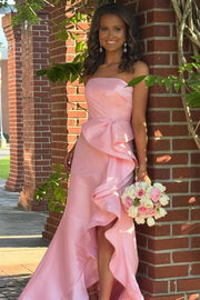 Pretty Satin Strapless Ruffle Split Party Prom Dress With Train
