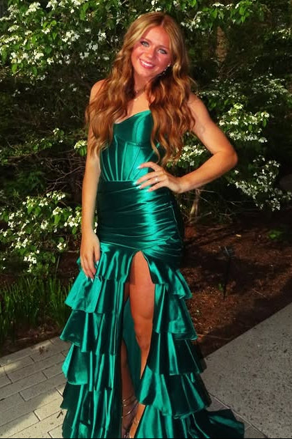 Royal Blue V-Neck Strapless Tiered Long Prom Dress