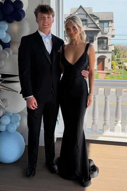 V-Neck Straps Backless Satin Mermaid Party Prom Dress With Bow