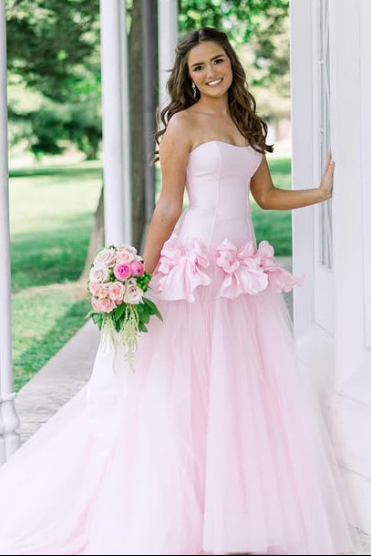 Pink Two Tone Sweetheart Strapless A-Line Party Prom Dress With Train
