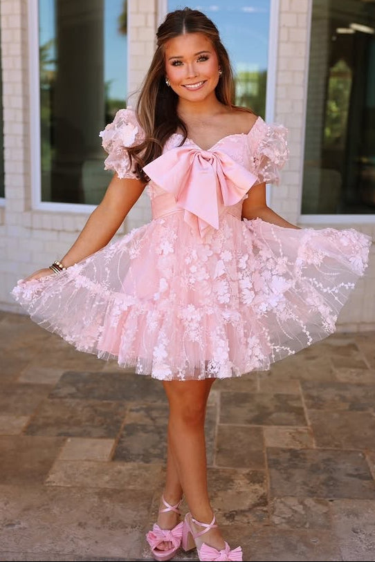 Short Puff Sleeves Pink A-line Babydoll Homecoming Dress