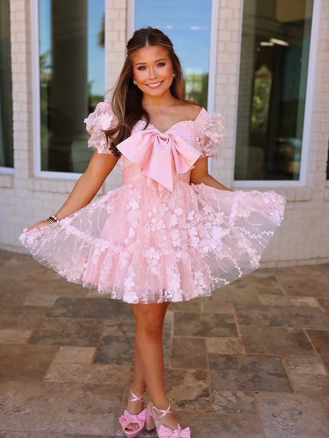 navy blue dress for baby girl Short Puff Sleeves Pink A-line Babydoll Homecoming Dress