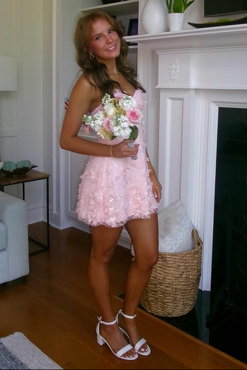 Sweetheart Sleeveless Floral Lace A-Line Mini Party Homecoming Dress
