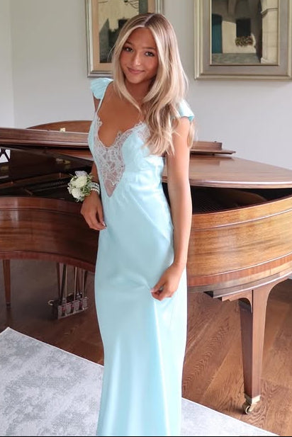 Straps V-Neck Satin And Lace Sheath Long Party Prom Dress