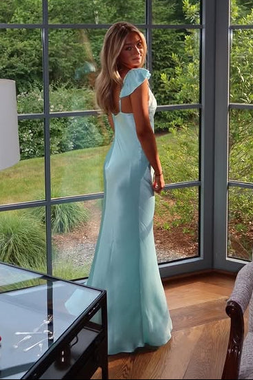 Straps V-Neck Satin And Lace Sheath Long Party Prom Dress