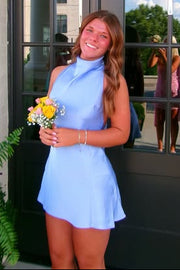 Halter Backless Satin A-Line Casual Mini Party Homecoming Dress