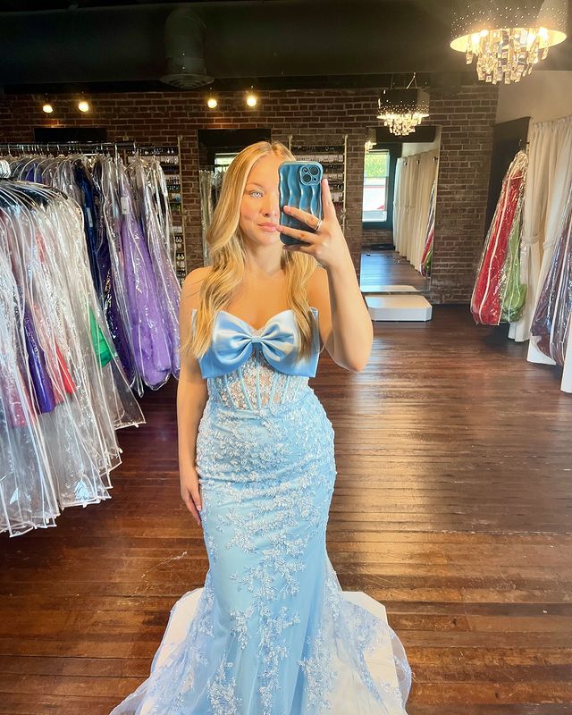 Bow Strapless Empire Lace Appliques Mermaid Prom Dress