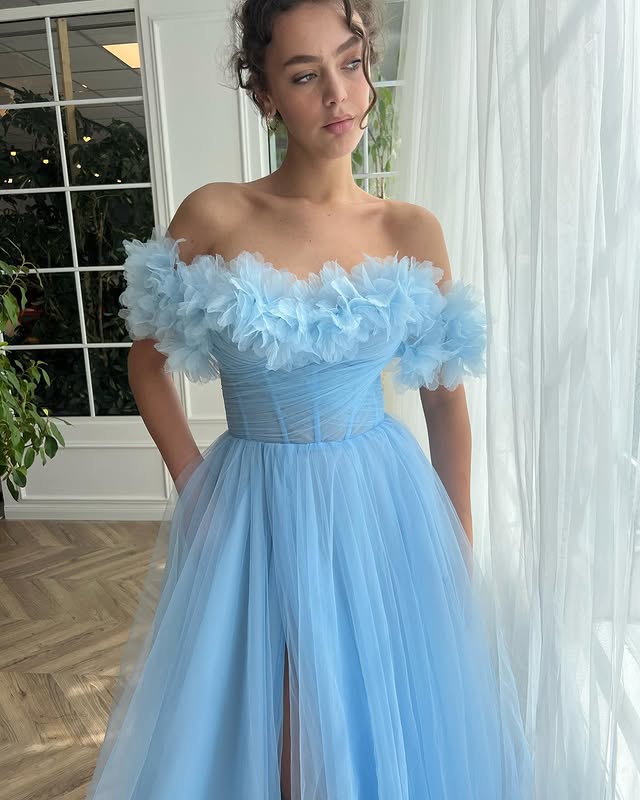 Light Blue Flowers Off-Shoulder A-line Long Prom Dress with Slit
