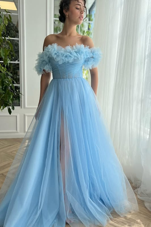 Light Blue Flowers Off-Shoulder A-line Long Prom Dress with Slit Light Blue / US 10