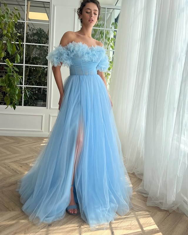 Light Blue Flowers Off-Shoulder A-line Long Prom Dress with Slit