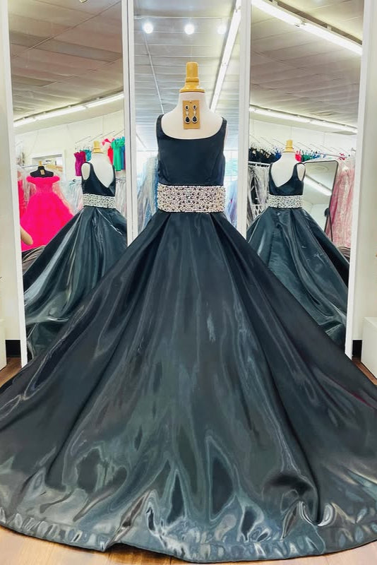Satin A-Line Square Sleeveless Beaeded Empire Girl Pageant Dress