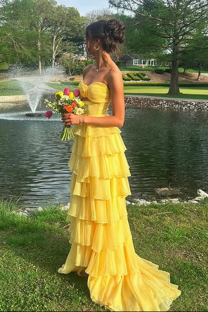 Strapless Chiffon Tiered A-Line Long Prom Dress With Side Slit