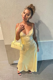 V-Neck Spaghetti Straps Satin Long Party Prom Dress