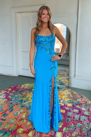 Bateau Spaghetti Straps Appliques Mermaid Party Prom Dress