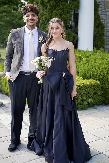 Pretty Satin A-Line Strapless Party Prom Dress With Pearls And Bow
