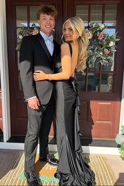 V-Neck Straps Backless Satin Mermaid Party Prom Dress With Bow