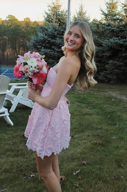 Cute Strapless Lace A-Line Empire Mini Homecoming Dress