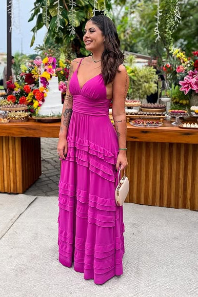 A-Line V-Neck Sleeveless Tiered Party Prom Dress