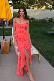 Strapless Chiffon Fitted Ruffle Party Prom Dress With Slit