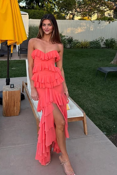 Strapless Chiffon Fitted Ruffle Party Prom Dress With Slit