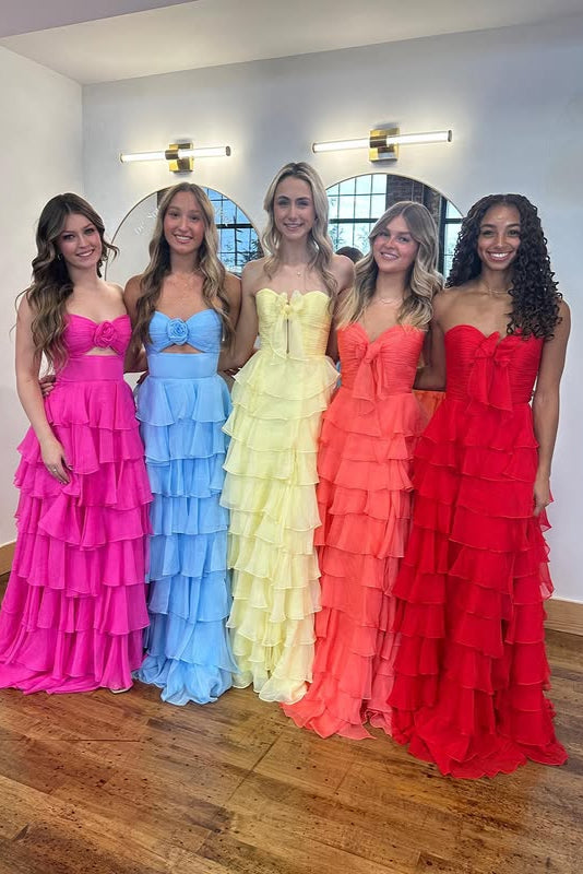 Chiffon A-Line Sweetheart Strapless Tiered Formal Party Dress