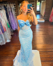 Bow Strapless Empire Lace Appliques Mermaid Prom Dress