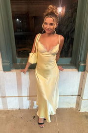 V-Neck Spaghetti Straps Satin Long Party Prom Dress