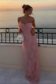 Spaghetti Straps Lace Floor-Length Party Prom Dress