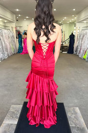 Satin Mermaid Strapless Empire Tiered Party Prom Dress With Train