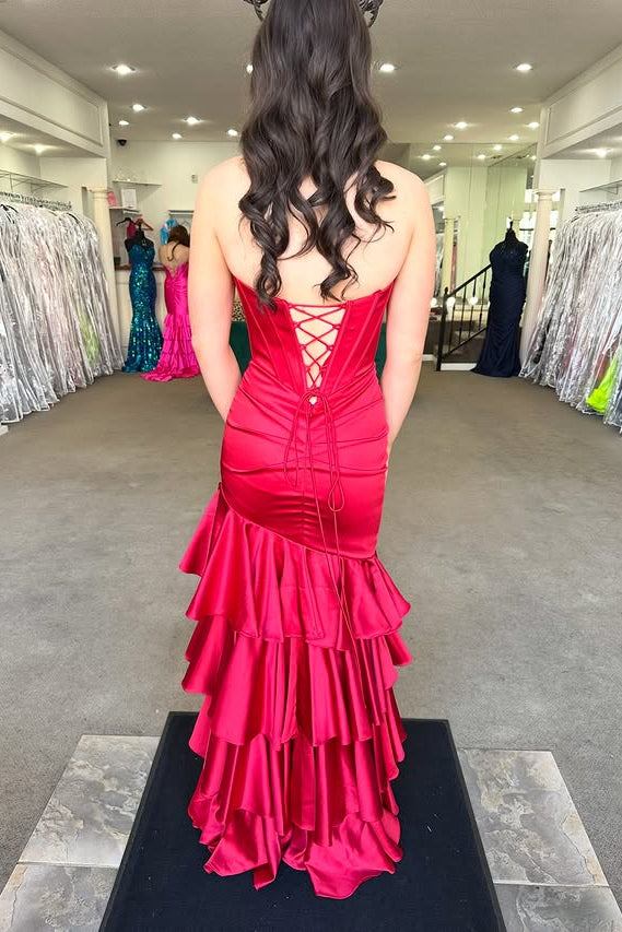 Satin Mermaid Strapless Empire Tiered Party Prom Dress With Train