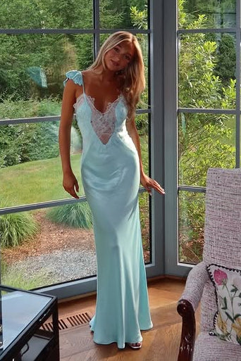 Straps V-Neck Satin And Lace Sheath Long Party Prom Dress