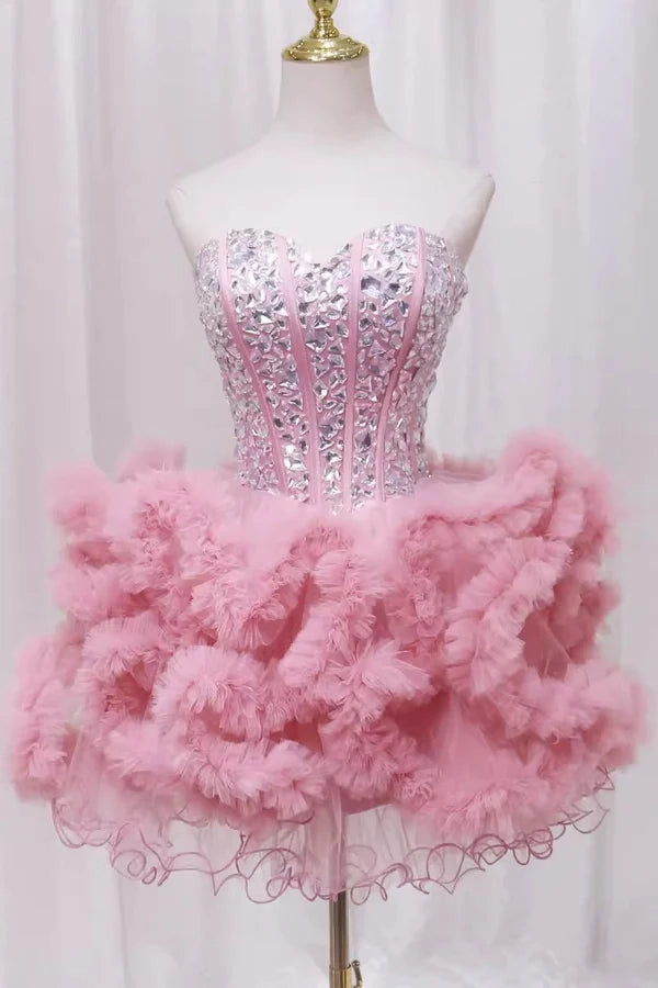 Pink Sweetheart Neck Tutu Dress with Rhinestone Cute Homecoming Dress