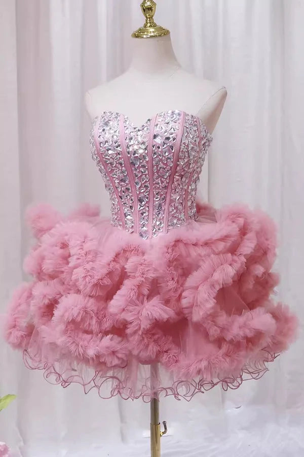 Pink Sweetheart Neck Tutu Dress with Rhinestone Cute Homecoming Dress