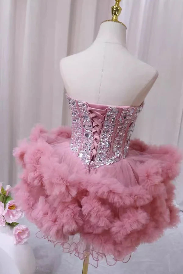 Pink Sweetheart Neck Tutu Dress with Rhinestone Cute Homecoming Dress