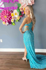 Sequins One Shoulder Sleeveless Empire With Side Slit Sexy Prom Dress