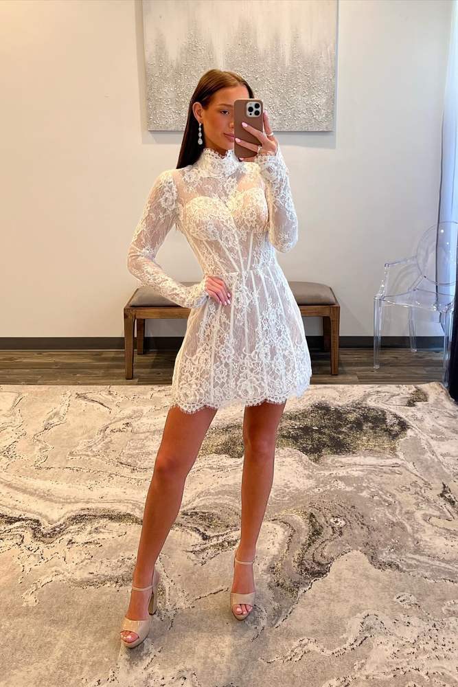 Delicate A-line High Neck Long Sleeves Appliques Short Lace Corset Dress