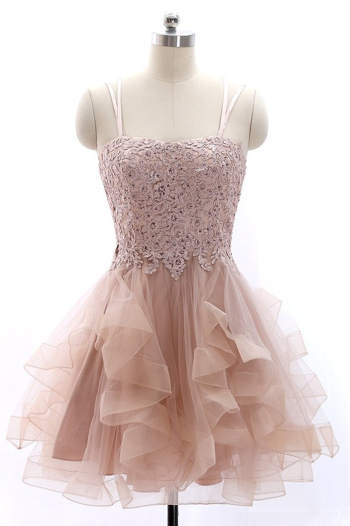 Spaghetti Straps Lace Appliques Ruffle Tulle A-Line Homecoming Dress