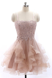 Spaghetti Straps Lace Appliques Ruffle Tulle A-Line Homecoming Dress