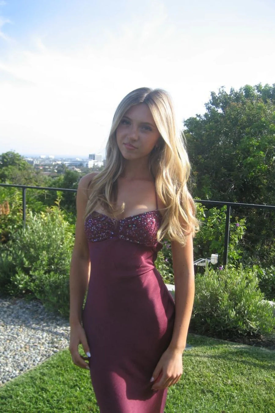 Spaghetti Straps Lace Up Beaded Long Party Evening Dress
