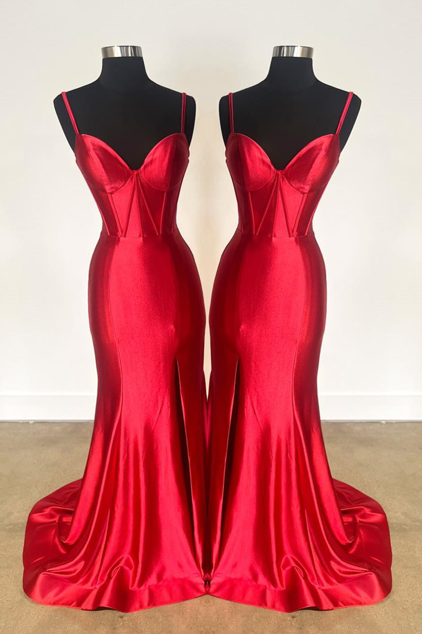 Red Mermaid Satin Spaghetti Straps Long Prom Dress with Slit