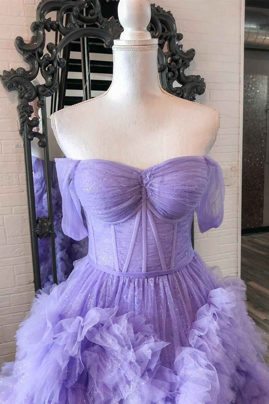 Lavender Off-Shoulder Ruffled Layers A-line Long Prom Dress