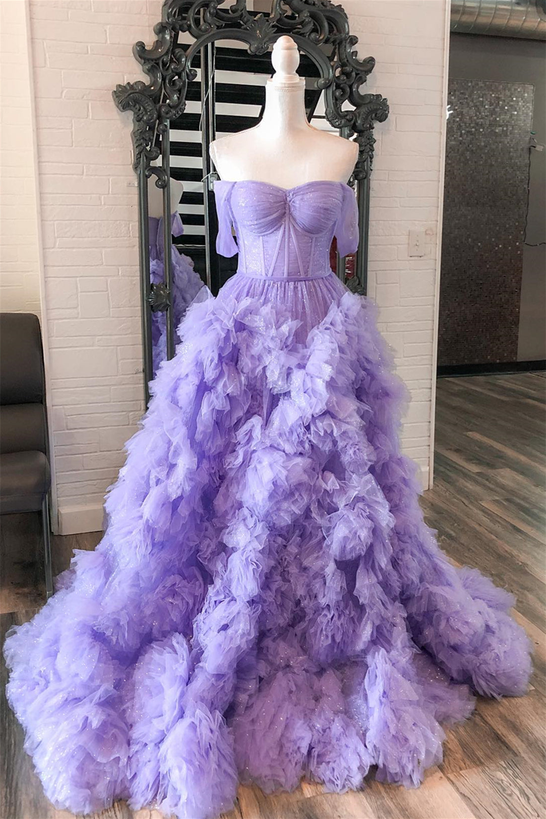 Lavender Off-Shoulder Ruffled Layers A-line Long Prom Dress